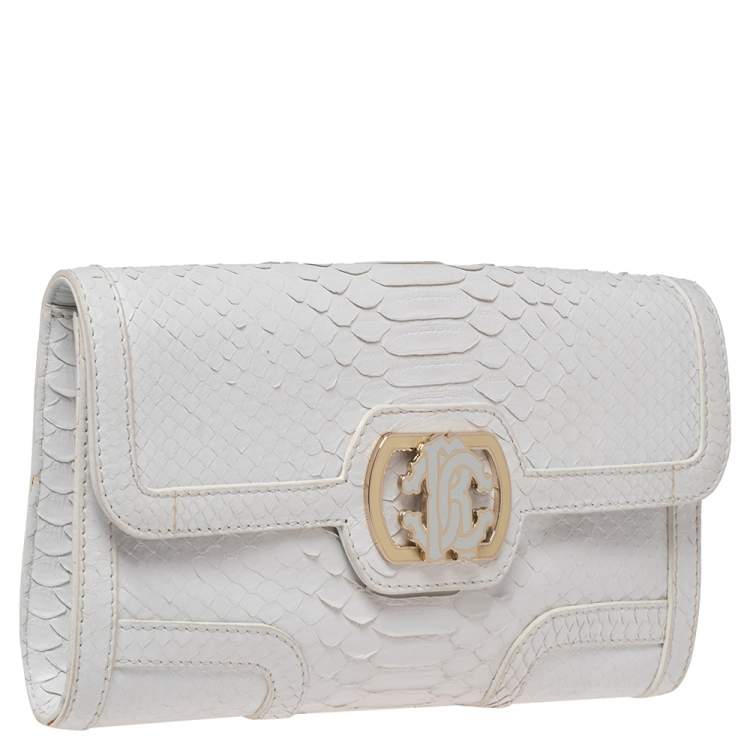 Pre Owned Roberto Cavalli White Python Logo Clutch