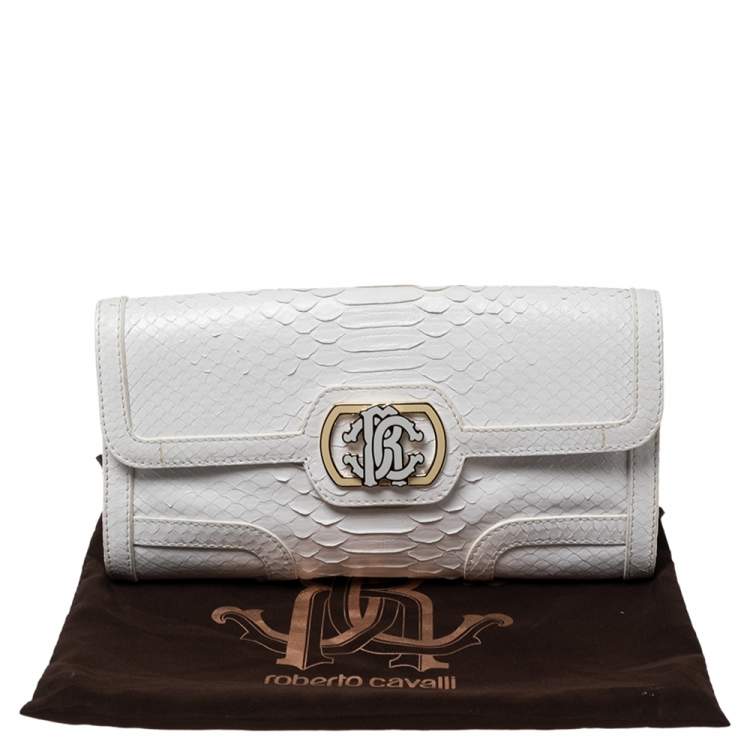 Pre Owned Roberto Cavalli White Python Logo Clutch