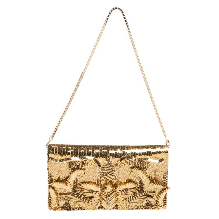 Pre Owned Roberto Cavalli Gold Sequins and Leather Flap Chain Clutch