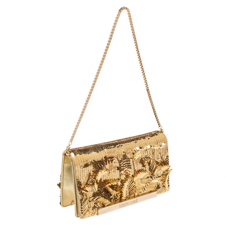 Pre Owned Roberto Cavalli Gold Sequins and Leather Flap Chain Clutch