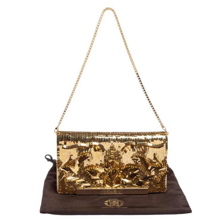 Pre Owned Roberto Cavalli Gold Sequins and Leather Flap Chain Clutch