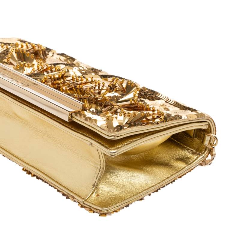 Pre Owned Roberto Cavalli Gold Sequins and Leather Flap Chain Clutch
