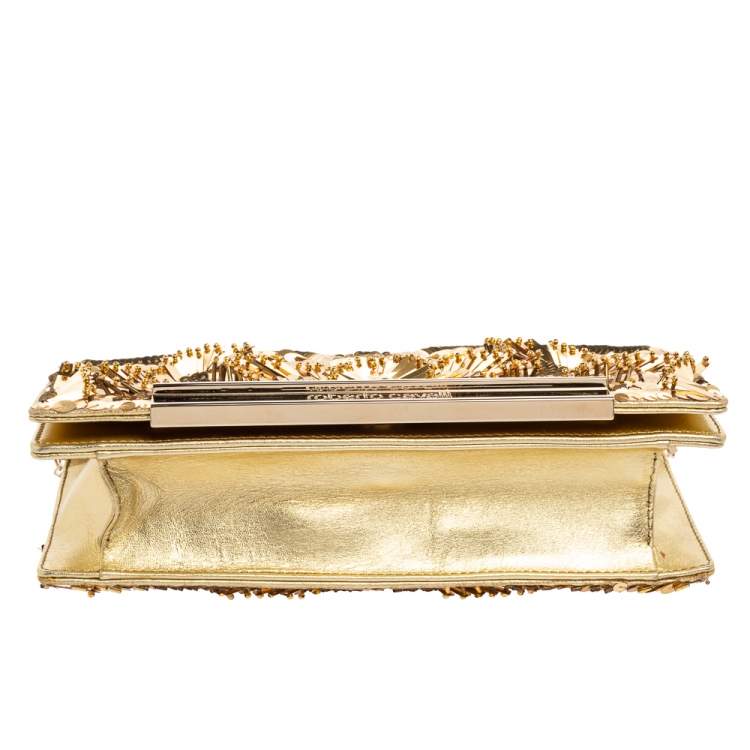 Pre Owned Roberto Cavalli Gold Sequins and Leather Flap Chain Clutch