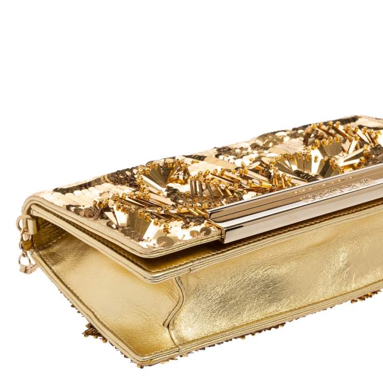 Pre Owned Roberto Cavalli Gold Sequins and Leather Flap Chain Clutch