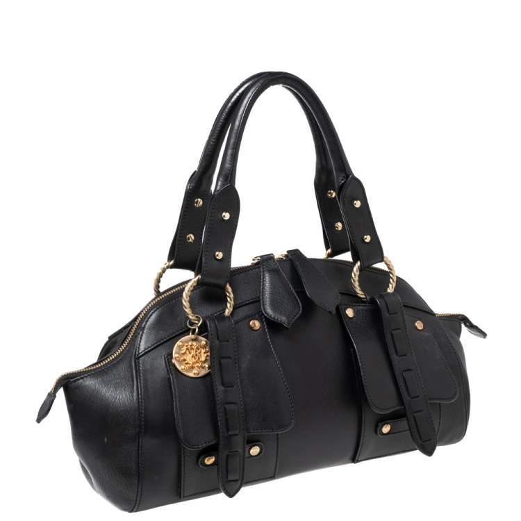 Pre Owned Roberto Cavalli Black Leather Front Pocket Satchel