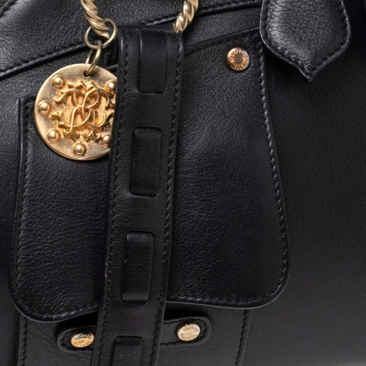 Pre Owned Roberto Cavalli Black Leather Front Pocket Satchel