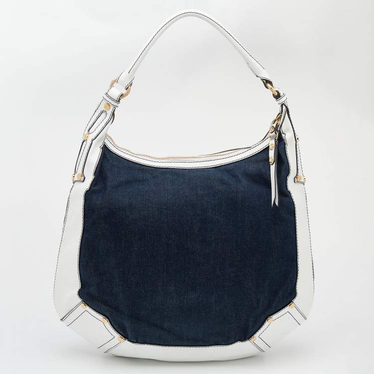 Pre Owned Roberto Cavalli White/Navy Blue Leather And Denim Logo Hobo