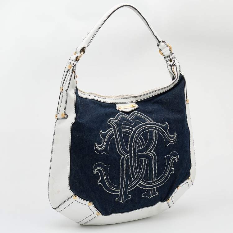 Pre Owned Roberto Cavalli White/Navy Blue Leather And Denim Logo Hobo