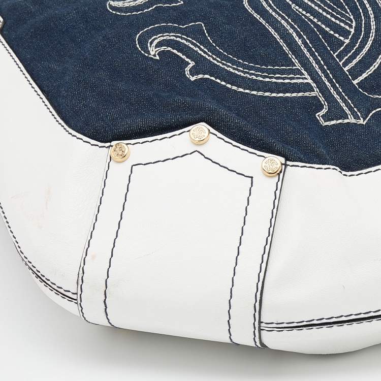 Pre Owned Roberto Cavalli White/Navy Blue Leather And Denim Logo Hobo