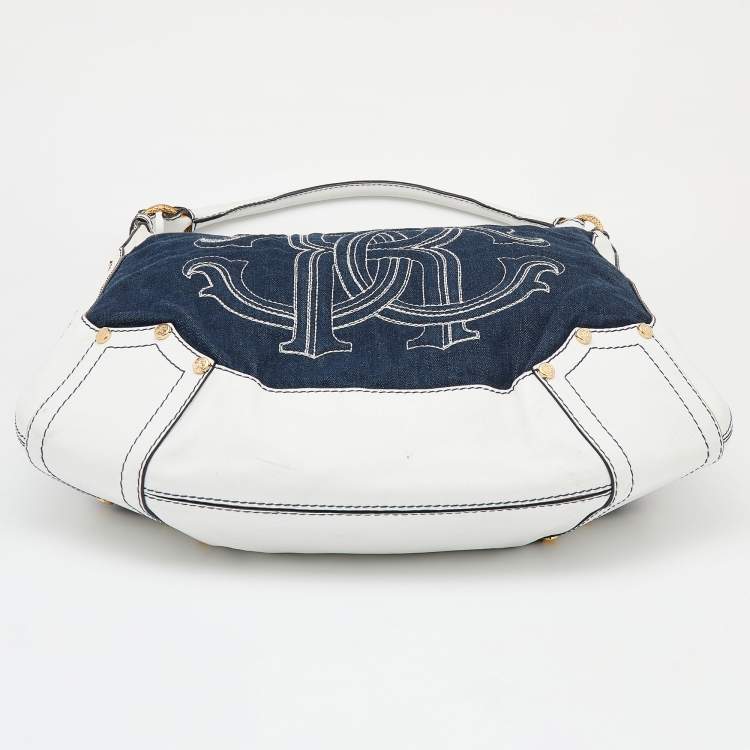 Pre Owned Roberto Cavalli White/Navy Blue Leather And Denim Logo Hobo