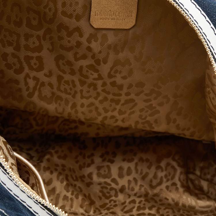 Pre Owned Roberto Cavalli White/Navy Blue Leather And Denim Logo Hobo
