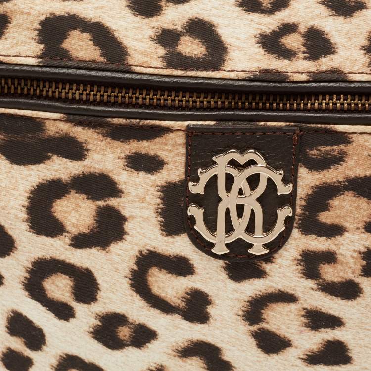 Pre Owned Roberto Cavalli Beige/Brown Leopard Print Satin and Leather Diaper Bag