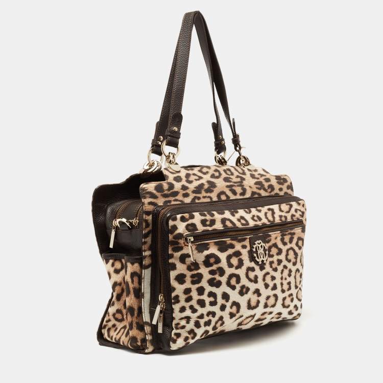 Pre Owned Roberto Cavalli Beige/Brown Leopard Print Satin and Leather Diaper Bag