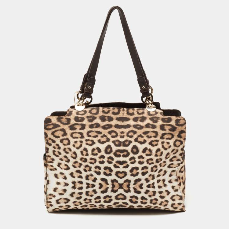 Pre Owned Roberto Cavalli Beige/Brown Leopard Print Satin and Leather Diaper Bag