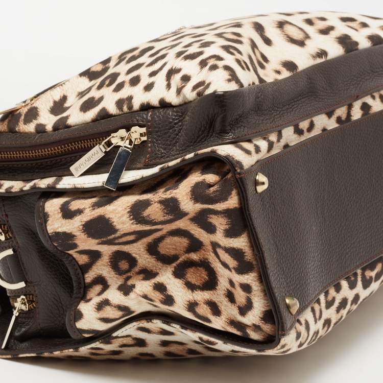 Pre Owned Roberto Cavalli Beige/Brown Leopard Print Satin and Leather Diaper Bag
