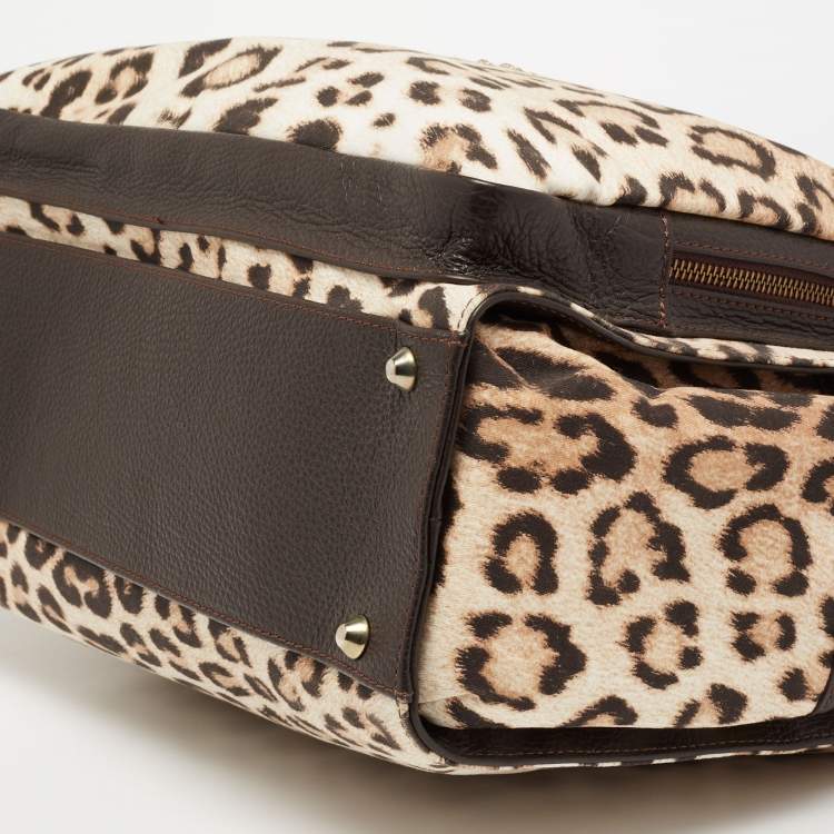 Pre Owned Roberto Cavalli Beige/Brown Leopard Print Satin and Leather Diaper Bag