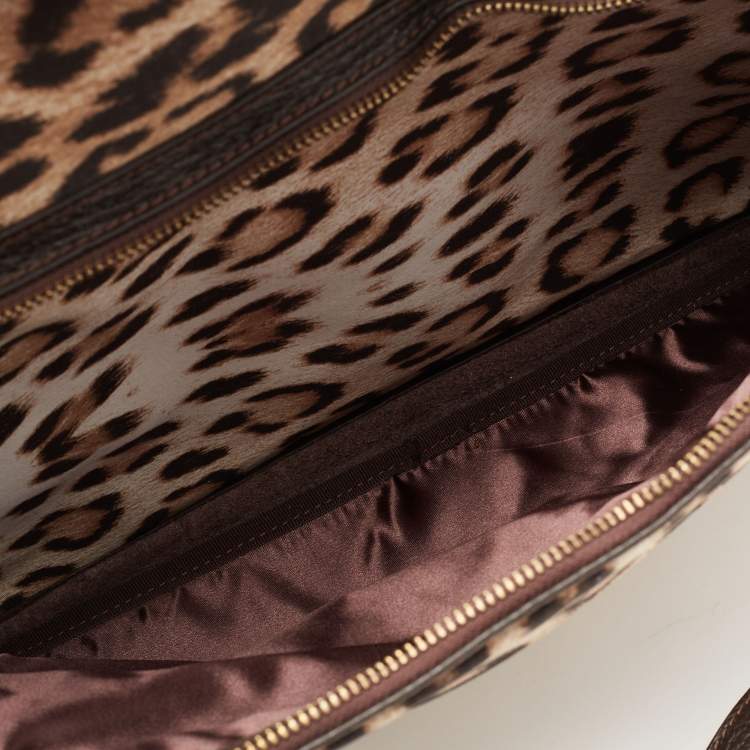 Pre Owned Roberto Cavalli Beige/Brown Leopard Print Satin and Leather Diaper Bag