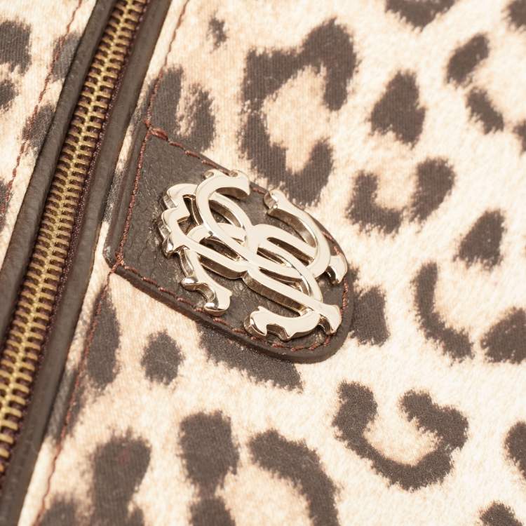 Pre Owned Roberto Cavalli Beige/Brown Leopard Print Satin and Leather Diaper Bag