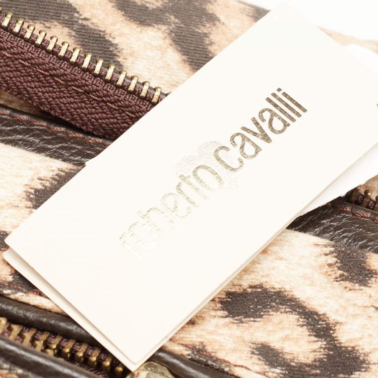 Pre Owned Roberto Cavalli Beige/Brown Leopard Print Satin and Leather Diaper Bag