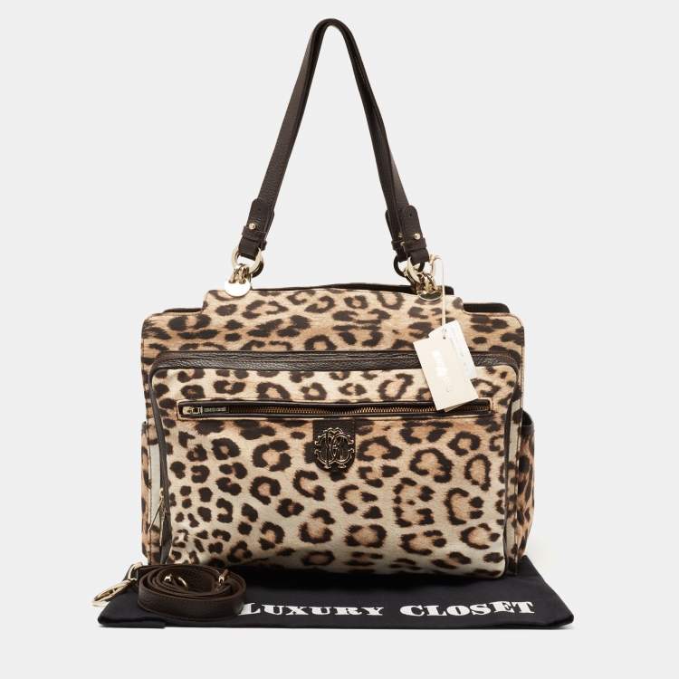 Pre Owned Roberto Cavalli Beige/Brown Leopard Print Satin and Leather Diaper Bag