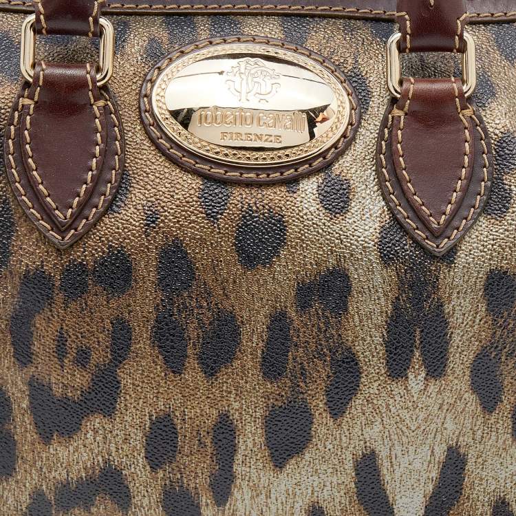 Pre Owned Roberto Cavalli Brown Leopard Print Coated Canvas and Leather Satchel