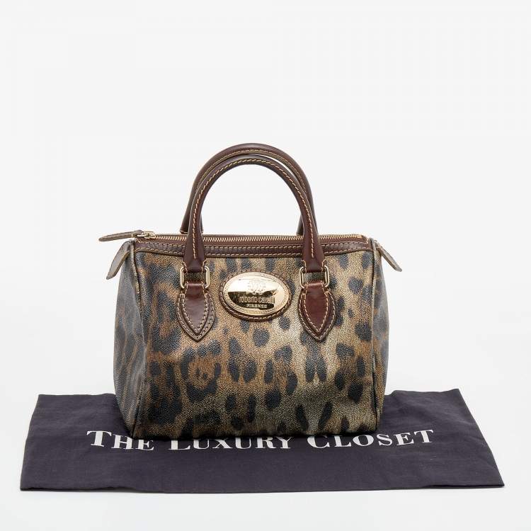 Pre Owned Roberto Cavalli Brown Leopard Print Coated Canvas and Leather Satchel