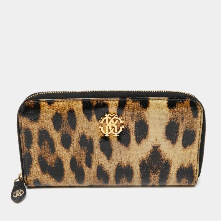 Pre Owned Roberto Cavalli Black/Beige Leopard Print Patent Leather Zip Around Wallet