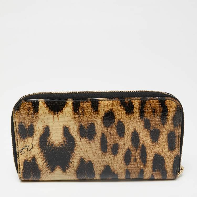 Pre Owned Roberto Cavalli Black/Beige Leopard Print Patent Leather Zip Around Wallet