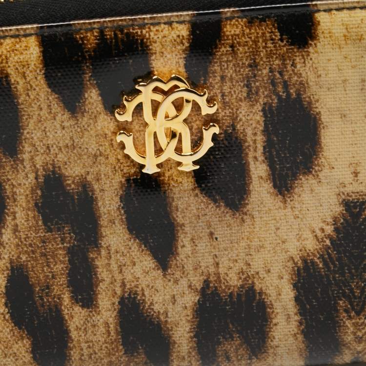 Pre Owned Roberto Cavalli Black/Beige Leopard Print Patent Leather Zip Around Wallet