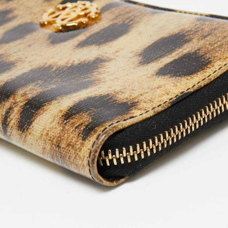 Pre Owned Roberto Cavalli Black/Beige Leopard Print Patent Leather Zip Around Wallet