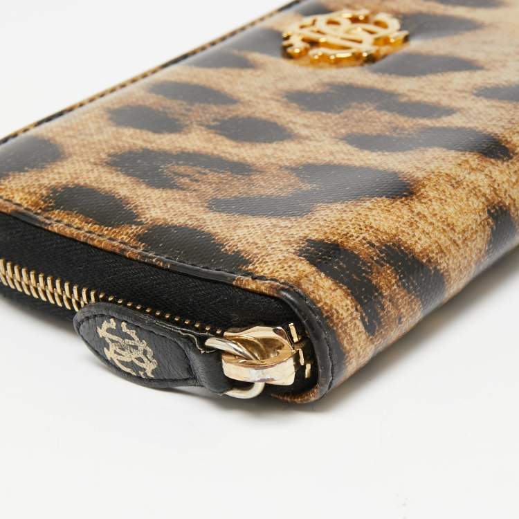 Roberto Cavalli Black/Beige Leopard Print Patent Leather Zip Around ...