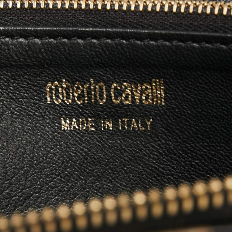 Pre Owned Roberto Cavalli Black/Beige Leopard Print Patent Leather Zip Around Wallet