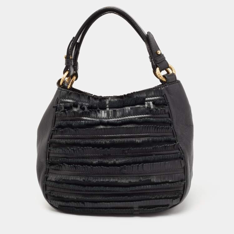 Pre Owned Roberto Cavalli Black Leather Fringed Hobo