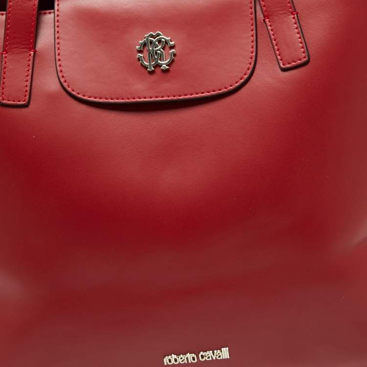 Pre Owned Roberto Cavalli Red Leather Logo Flap Shopper Tote