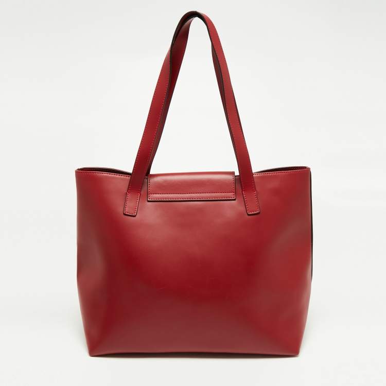 Pre Owned Roberto Cavalli Red Leather Logo Flap Shopper Tote
