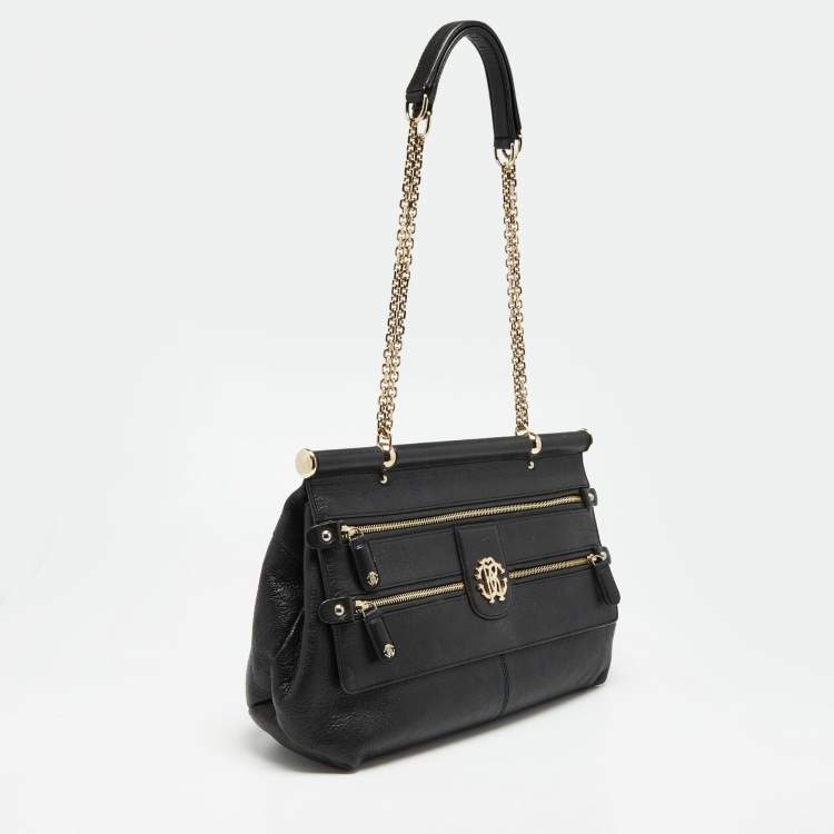 Pre Owned Roberto Cavalli Black Leather Zip Detail Chain Shoulder Bag