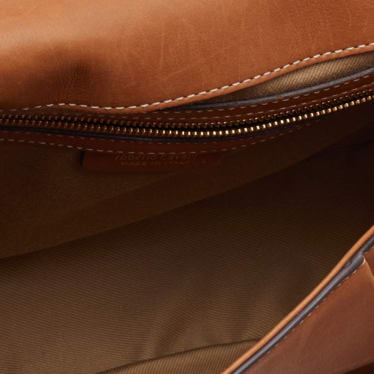 Pre Owned Roberto Cavalli Brown Leather Flap Crossbody Bag