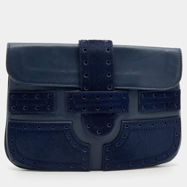 مملوكة مسبقًا Roberto Cavalli Blue Leather And Calf Hair Pouch