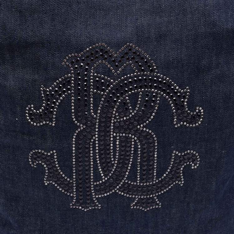 Pre Owned Roberto Cavalli Navy Blue Denim Studded Logo Tote