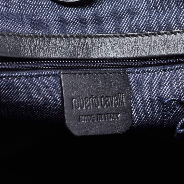 Pre Owned Roberto Cavalli Navy Blue Denim Studded Logo Tote