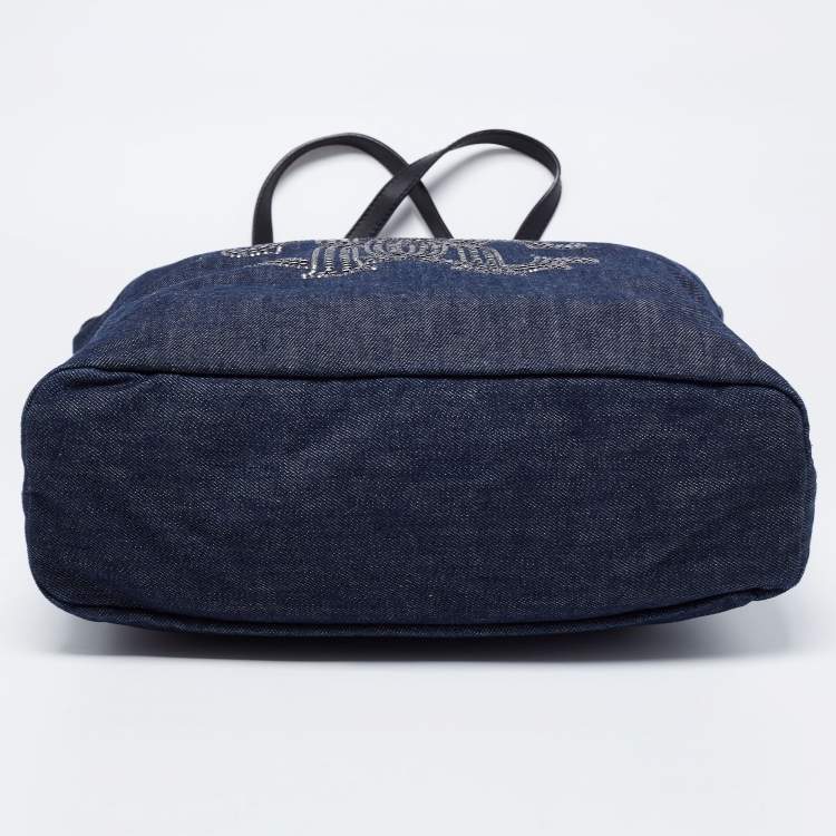 Pre Owned Roberto Cavalli Navy Blue Denim Studded Logo Tote