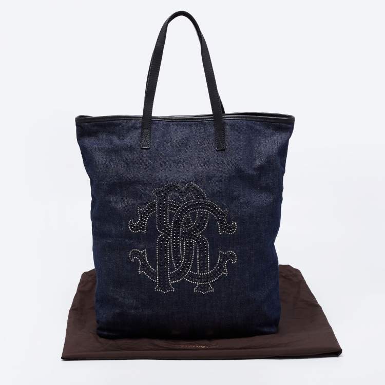 Pre Owned Roberto Cavalli Navy Blue Denim Studded Logo Tote