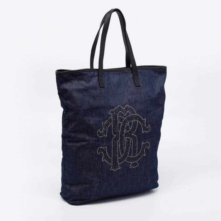 Pre Owned Roberto Cavalli Navy Blue Denim Studded Logo Tote