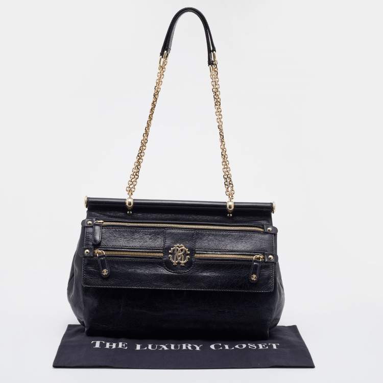 Pre Owned Roberto Cavalli Black Leather Zip Detail Chain Shoulder Bag