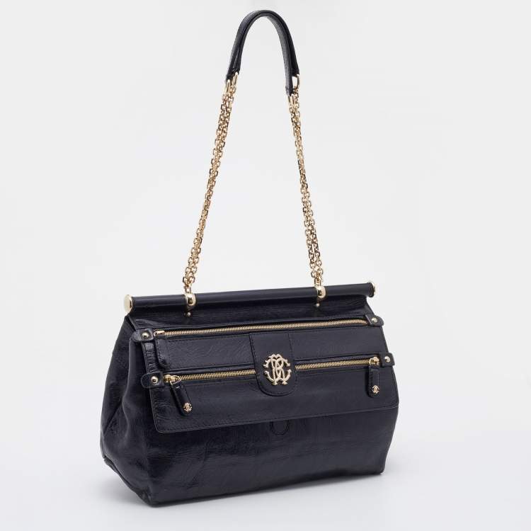 Pre Owned Roberto Cavalli Black Leather Zip Detail Chain Shoulder Bag