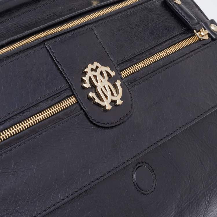 Pre Owned Roberto Cavalli Black Leather Zip Detail Chain Shoulder Bag