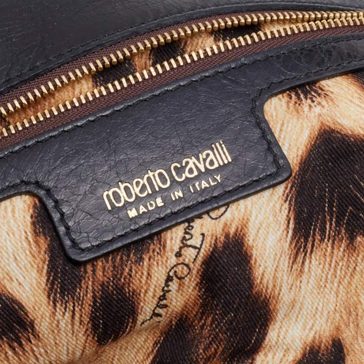 Pre Owned Roberto Cavalli Black Leather Zip Detail Chain Shoulder Bag