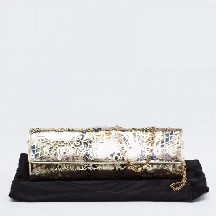 Pre Owned Roberto Cavalli Gold Laser Cut Patent Leather and Floral Fabric Long Chain Clutch