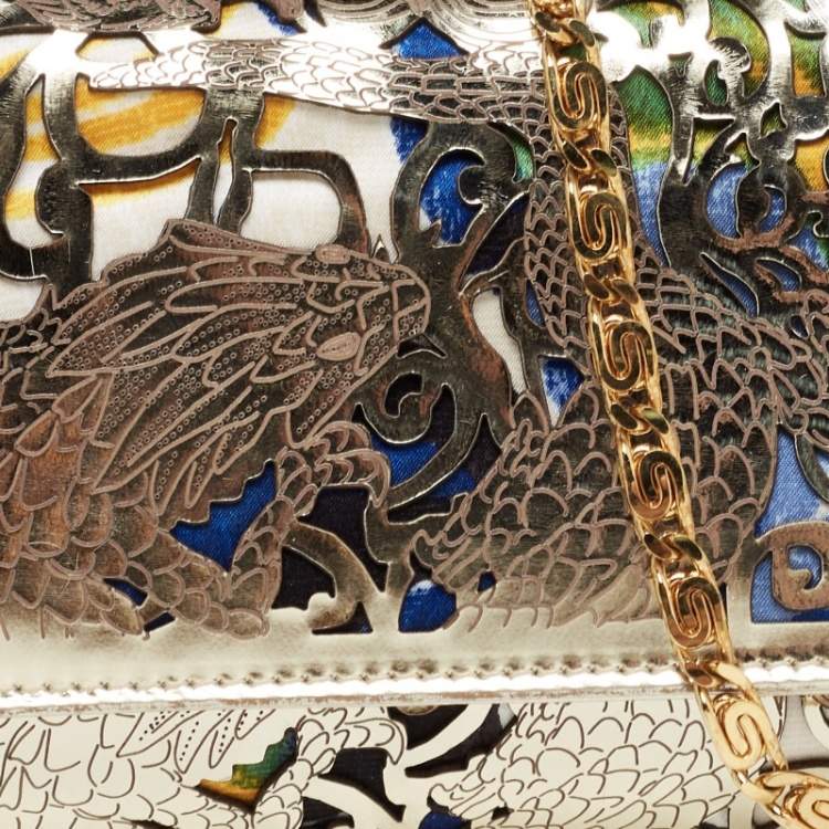Pre Owned Roberto Cavalli Gold Laser Cut Patent Leather and Floral Fabric Long Chain Clutch