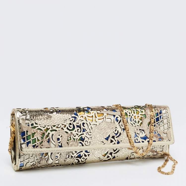 Pre Owned Roberto Cavalli Gold Laser Cut Patent Leather and Floral Fabric Long Chain Clutch